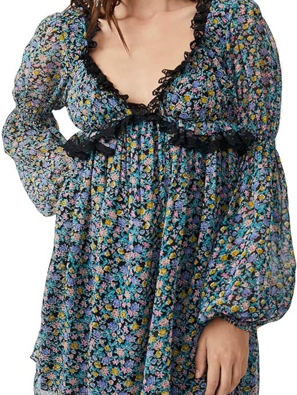 Free People Pennie Black Floral Mini Dress with Multicolor Blooms and Lace Trim